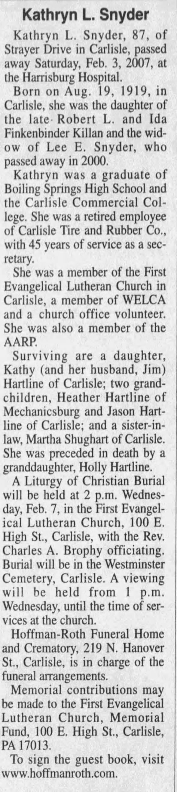 Obituary for Kathryn L. Snyder, 1919-2007 (Aged 87)